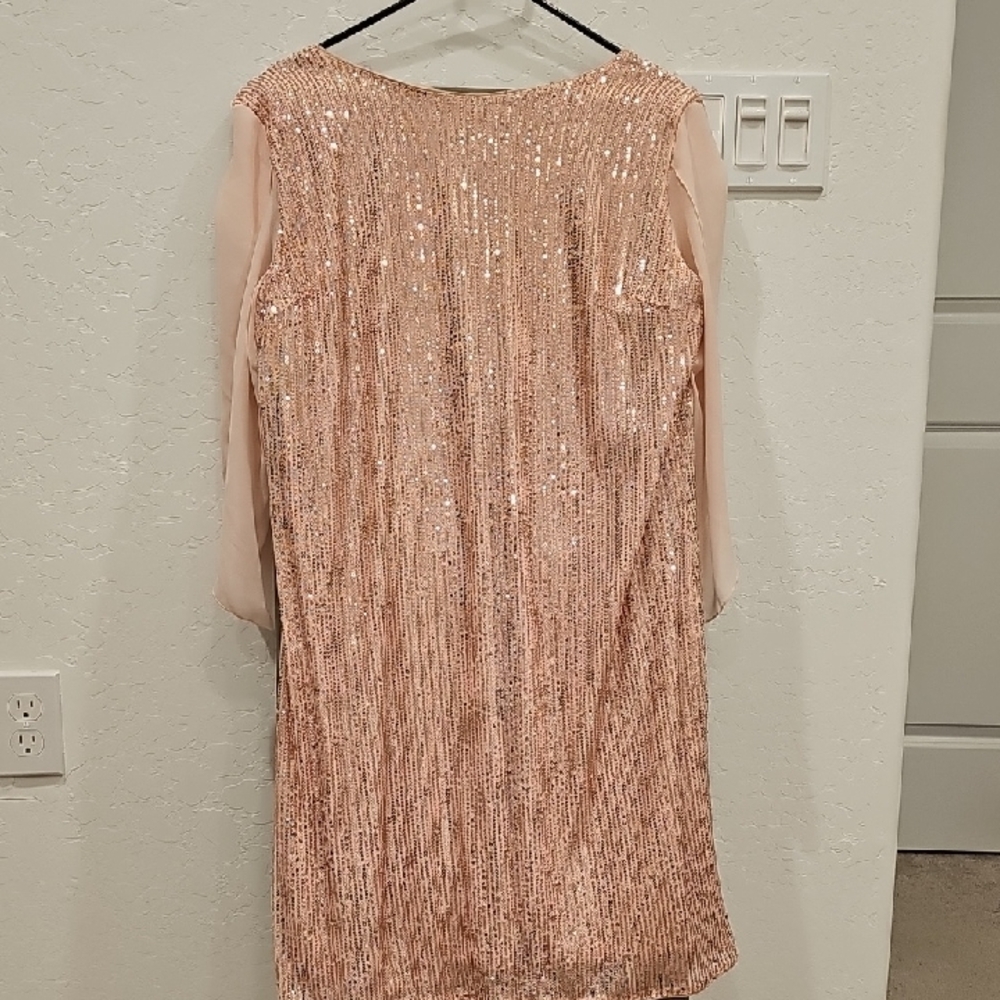 Pink and Gold Sequin Pleated Sheath Midi Dress